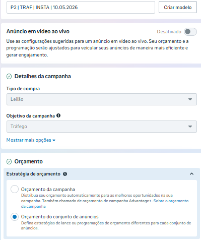 Print do objetivo de campanha tráfego no Meta Ads.