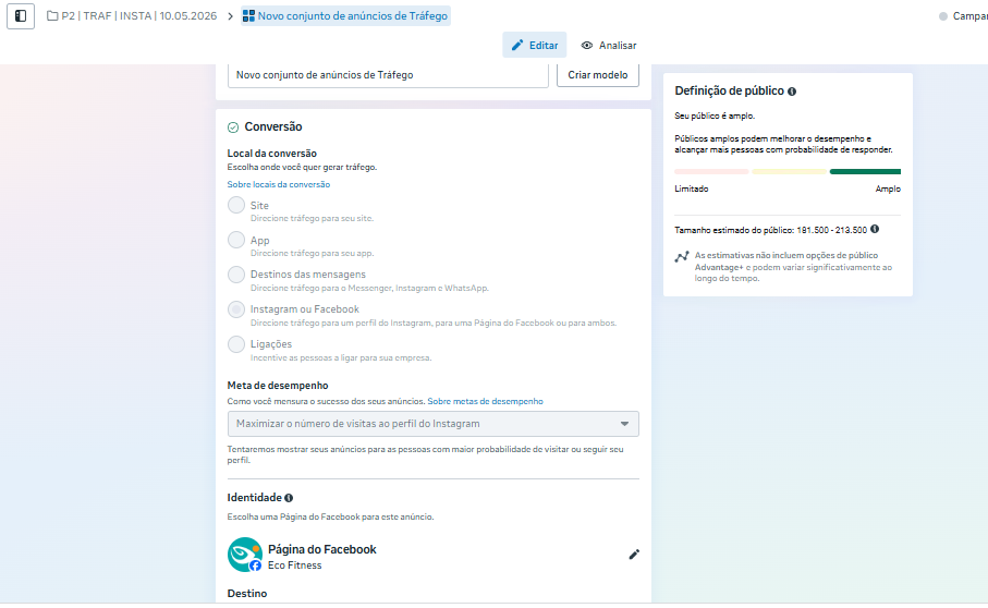 Print do Gerenciador de Anúncios mostrando local de conversão e meta de maximizar visitas ao perfil do Instagram.