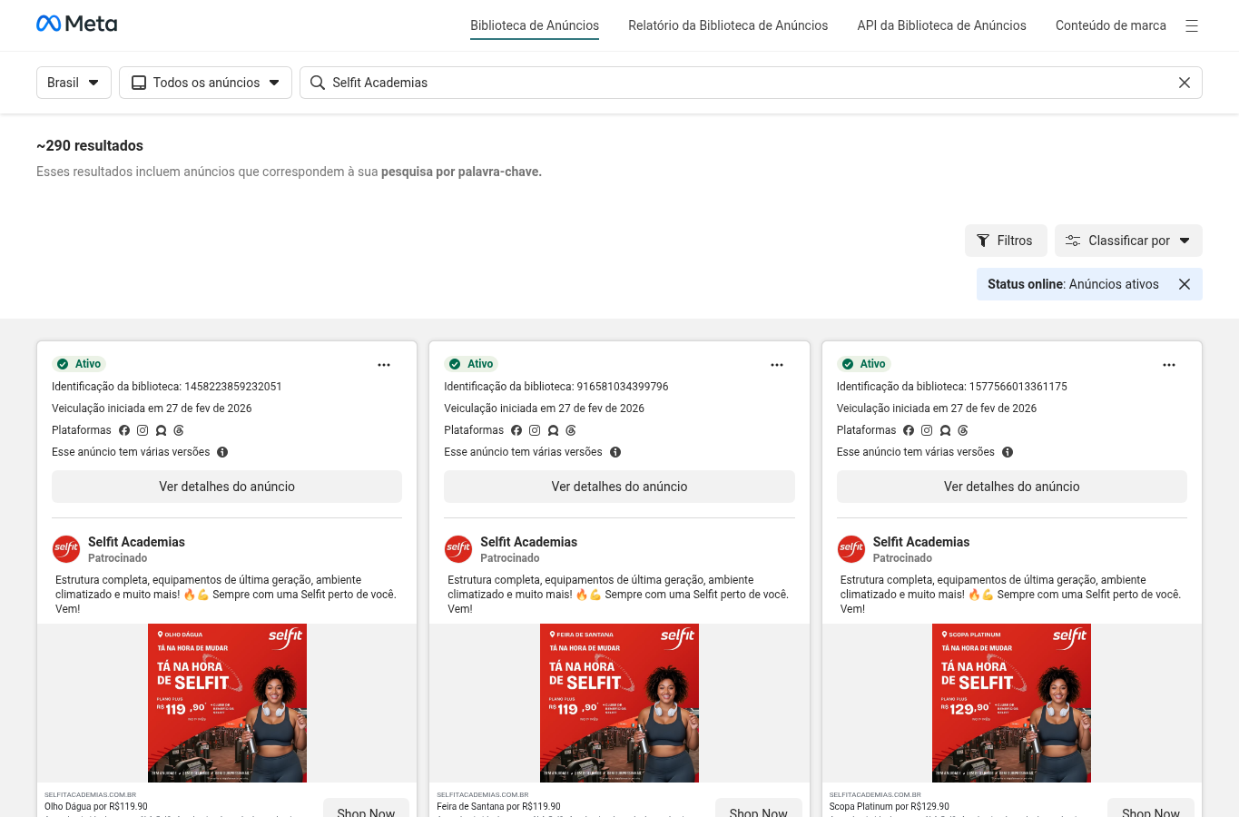 Print da Meta Ads Library com anúncios ativos da Selfit Academias.